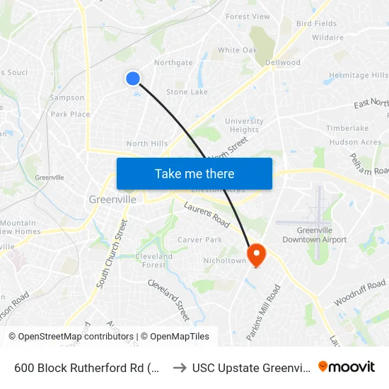 600 Block Rutherford Rd (Ob) to USC Upstate Greenville map
