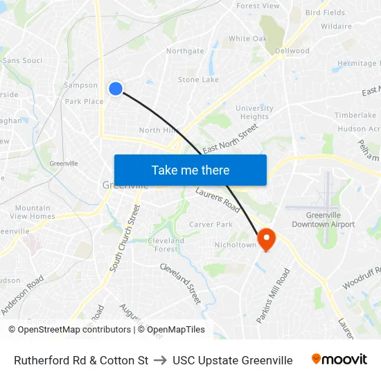 Rutherford Rd & Cotton St to USC Upstate Greenville map
