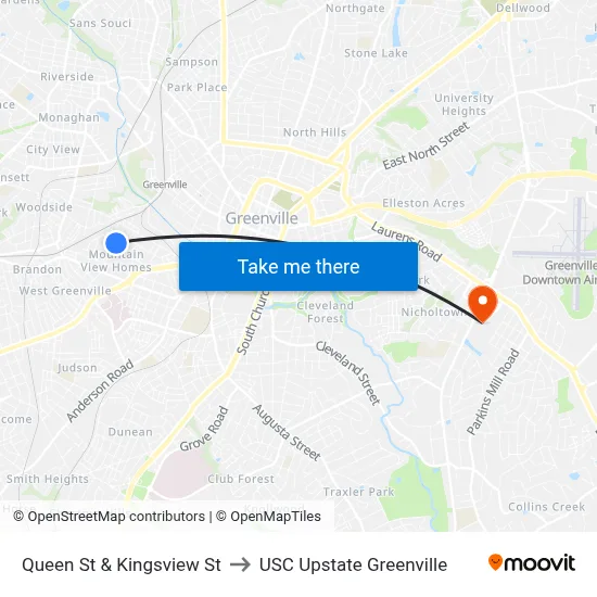 Queen St & Kingsview St to USC Upstate Greenville map