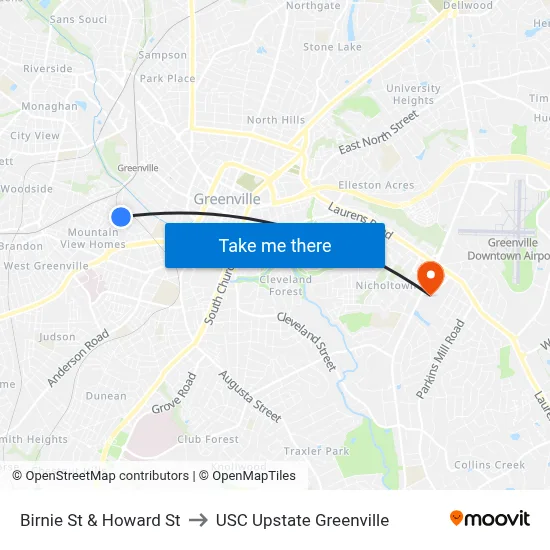 Birnie St & Howard St to USC Upstate Greenville map
