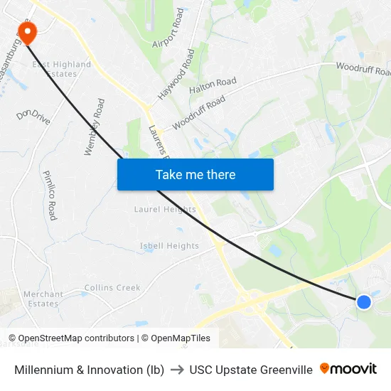 Millennium & Innovation (Ib) to USC Upstate Greenville map