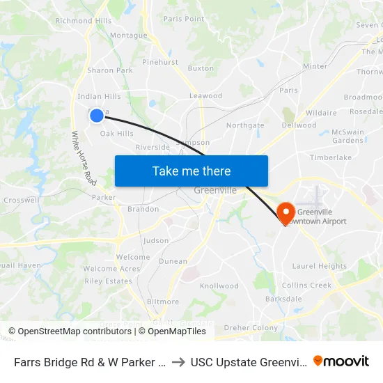 Farrs Bridge Rd & W Parker Ln to USC Upstate Greenville map