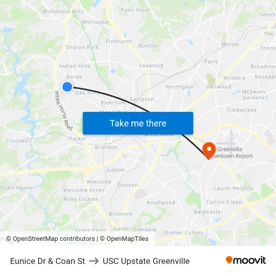 Eunice Dr & Coan St to USC Upstate Greenville map