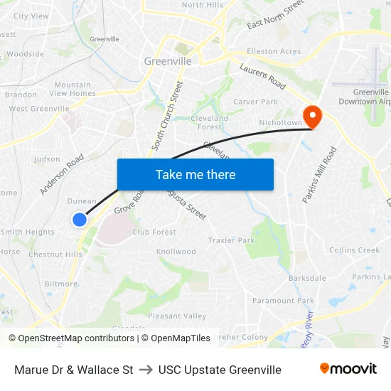Marue Dr & Wallace St to USC Upstate Greenville map