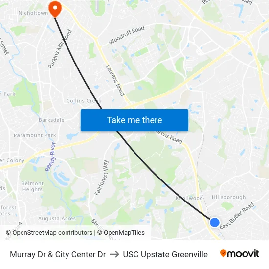 Murray Dr & City Center Dr to USC Upstate Greenville map