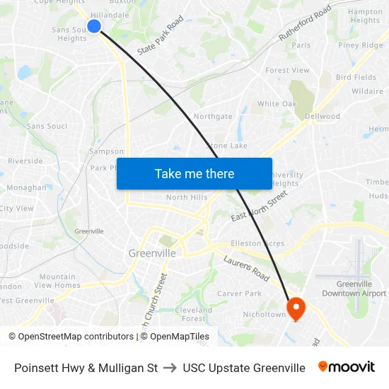 Poinsett Hwy & Mulligan St to USC Upstate Greenville map
