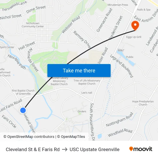 Cleveland St & E Faris Rd to USC Upstate Greenville map