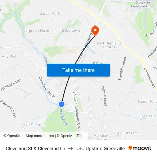 Cleveland St & Cleveland Ln to USC Upstate Greenville map