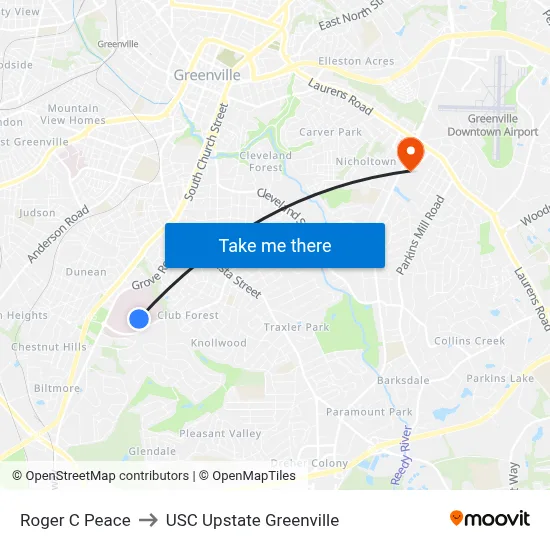 Roger C Peace to USC Upstate Greenville map