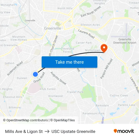 Mills Ave & Ligon St to USC Upstate Greenville map