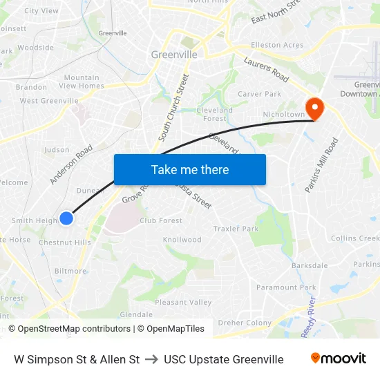 W Simpson St & Allen St to USC Upstate Greenville map