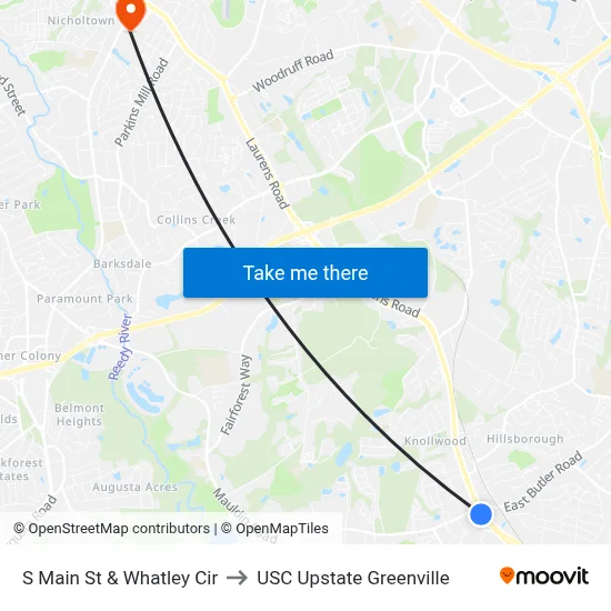 S Main St & Whatley Cir to USC Upstate Greenville map