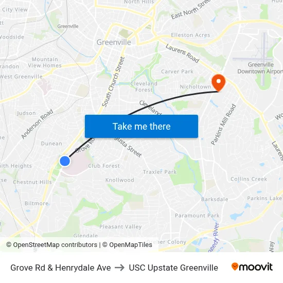 Grove Rd & Henrydale Ave to USC Upstate Greenville map