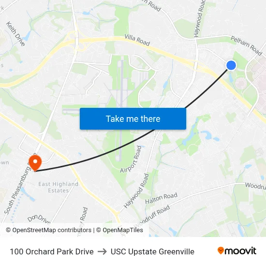 100 Orchard Park Drive to USC Upstate Greenville map