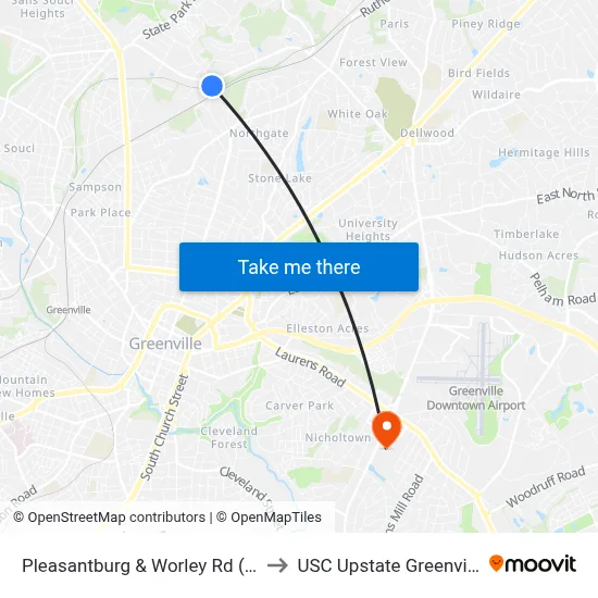 Pleasantburg & Worley Rd (Ib) to USC Upstate Greenville map