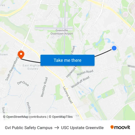 Gvl Public Safety Campus to USC Upstate Greenville map