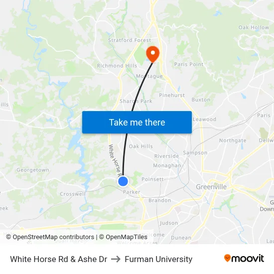 White Horse Rd & Ashe Dr to Furman University map