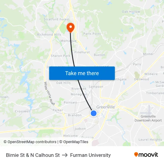 Birnie St & N Calhoun St to Furman University map