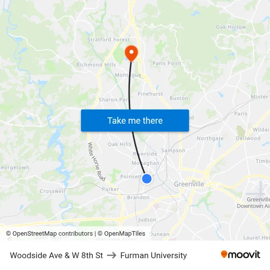 Woodside Ave & W 8th St to Furman University map