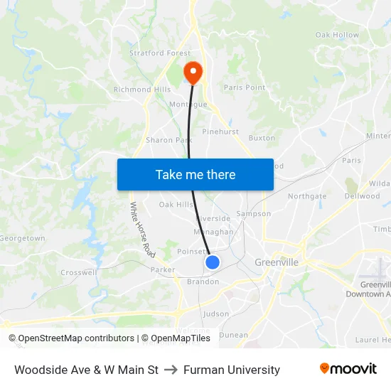 Woodside Ave & W Main St to Furman University map