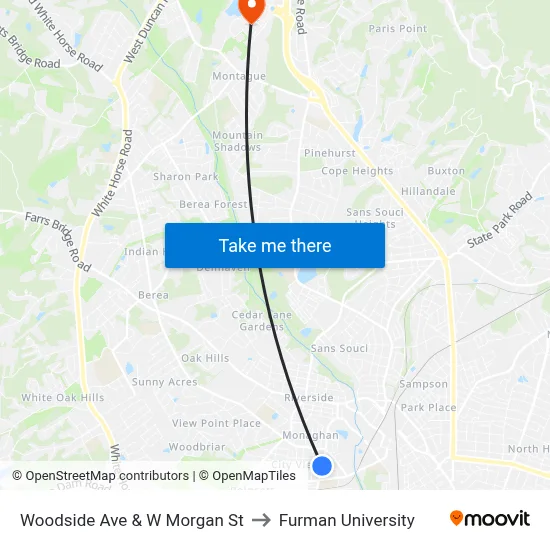Woodside Ave & W Morgan St to Furman University map