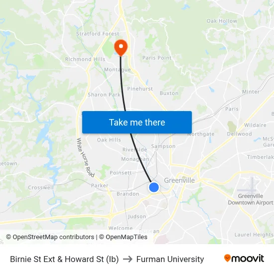 Birnie St Ext & Howard St (Ib) to Furman University map