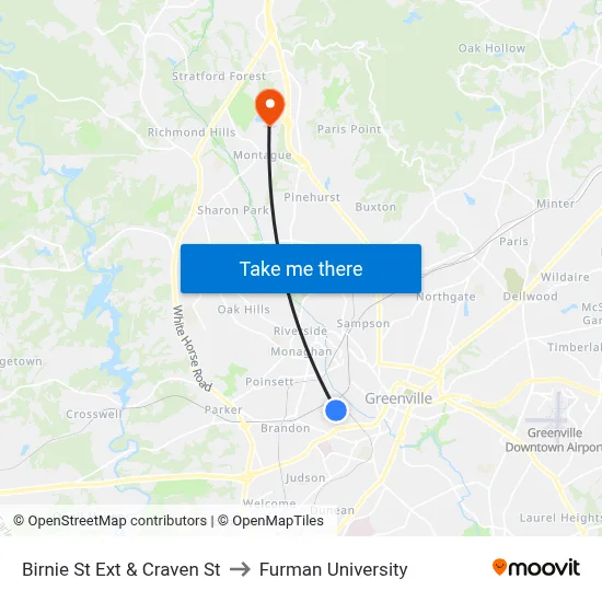 Birnie St Ext & Craven St to Furman University map