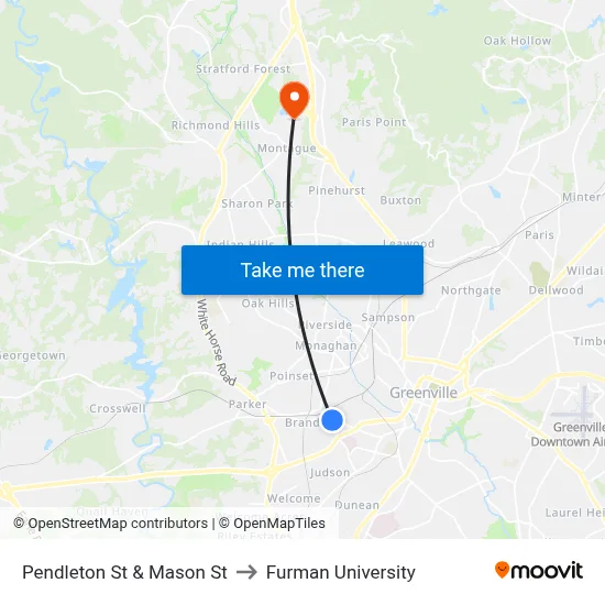 Pendleton St & Mason St to Furman University map
