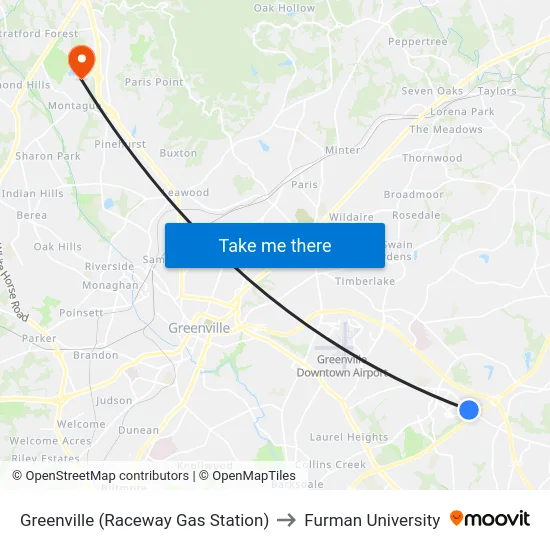 Greenville (Raceway Gas Station) to Furman University map