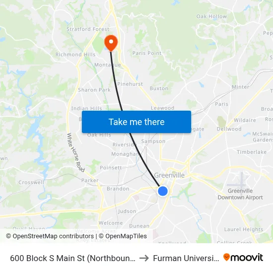 600 Block S Main St (Northbound) to Furman University map
