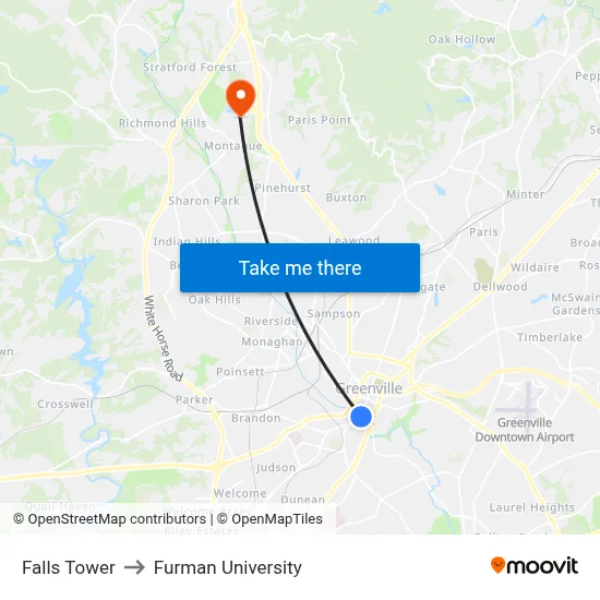 Falls Tower to Furman University map