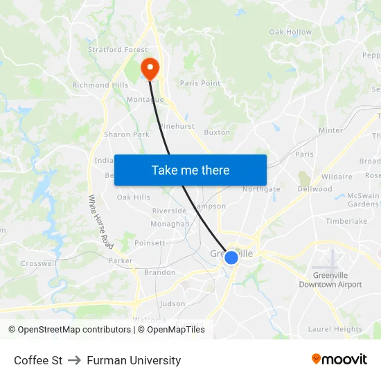 Coffee St to Furman University map