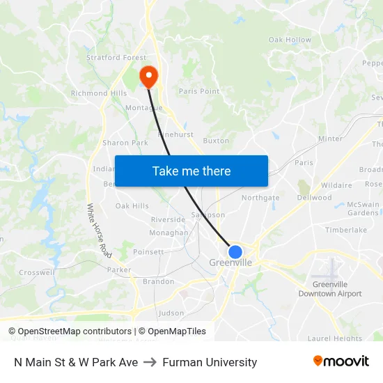 N Main St & W Park Ave to Furman University map