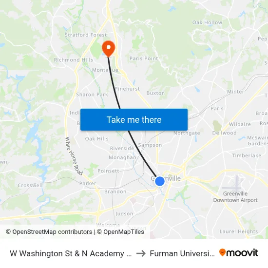 W Washington St & N Academy St to Furman University map