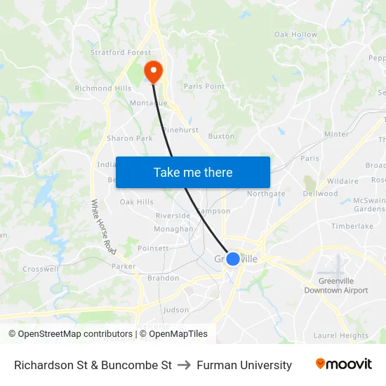 Richardson St & Buncombe St to Furman University map