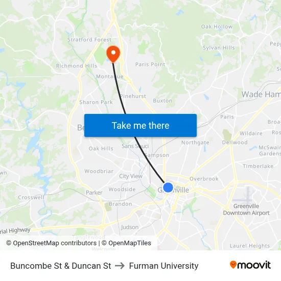 Buncombe St & Duncan St to Furman University map