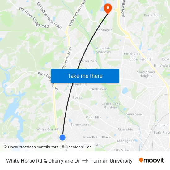 White Horse Rd & Cherrylane Dr to Furman University map