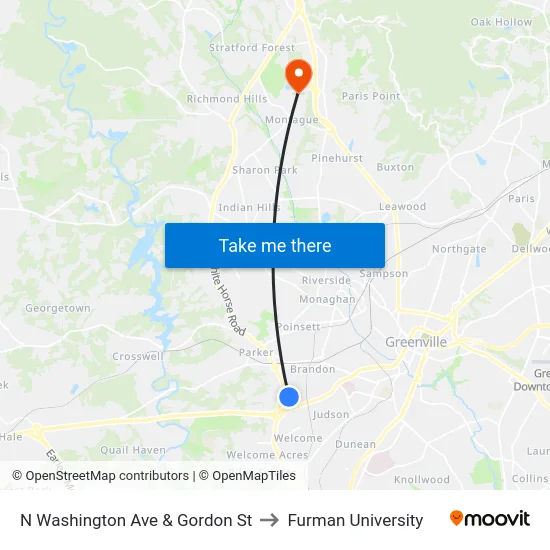 N Washington Ave & Gordon St to Furman University map