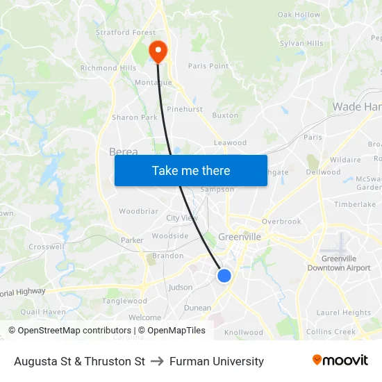 Augusta St & Thruston St to Furman University map