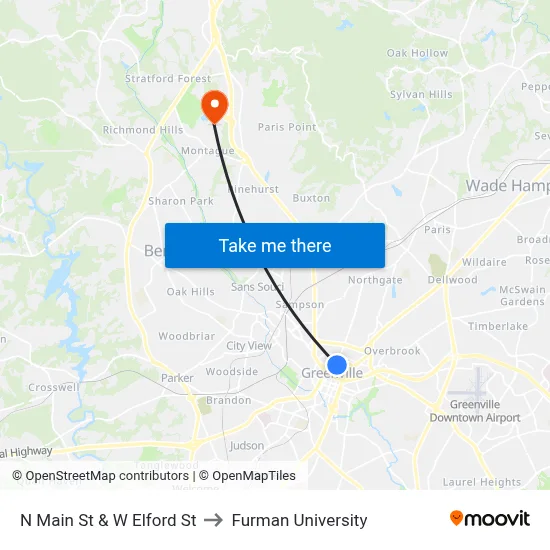 N Main St & W Elford St to Furman University map