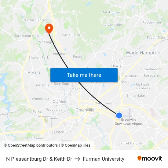 N Pleasantburg Dr & Keith Dr to Furman University map