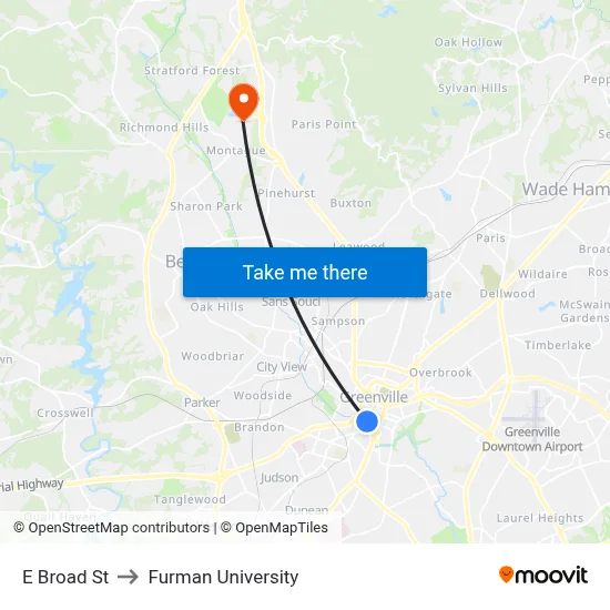 E Broad St to Furman University map