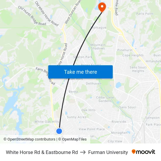 White Horse Rd & Eastbourne Rd to Furman University map