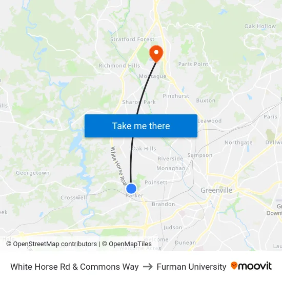 White Horse Rd & Commons Way to Furman University map