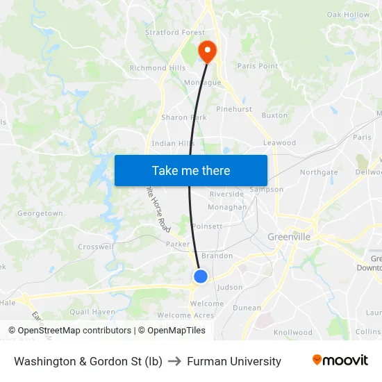 Washington & Gordon St (Ib) to Furman University map