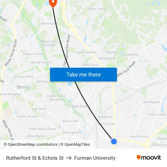 Rutherford St & Echols St to Furman University map