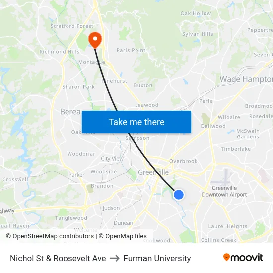 Nichol St & Roosevelt Ave to Furman University map