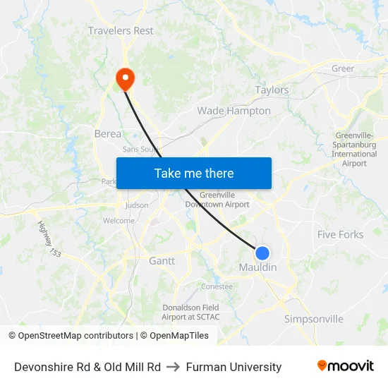 Devonshire Rd & Old Mill Rd to Furman University map