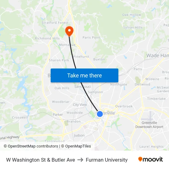 W Washington St & S Hudson St to Furman University map