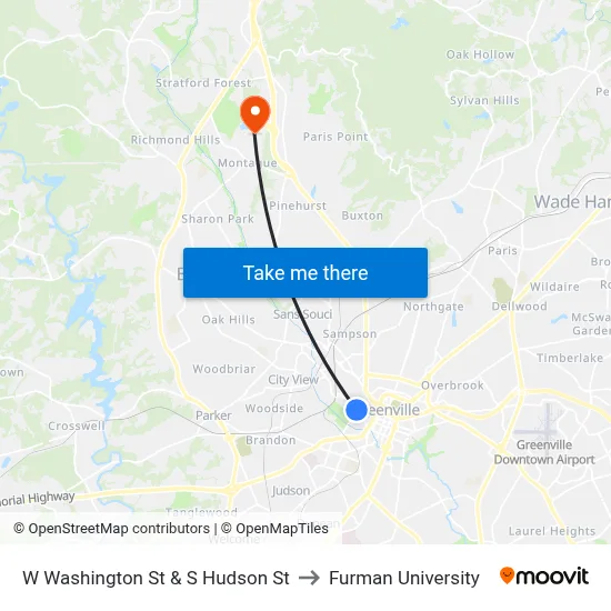 W Washington St & S Hudson St to Furman University map